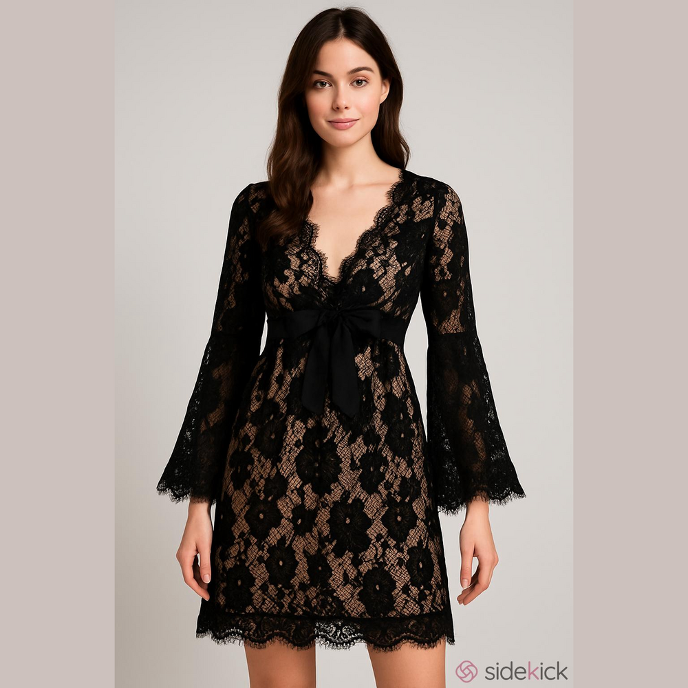 Vintage 90s Single Dress Black Nude Sheer Lace Bell Sleeve Mini Dress